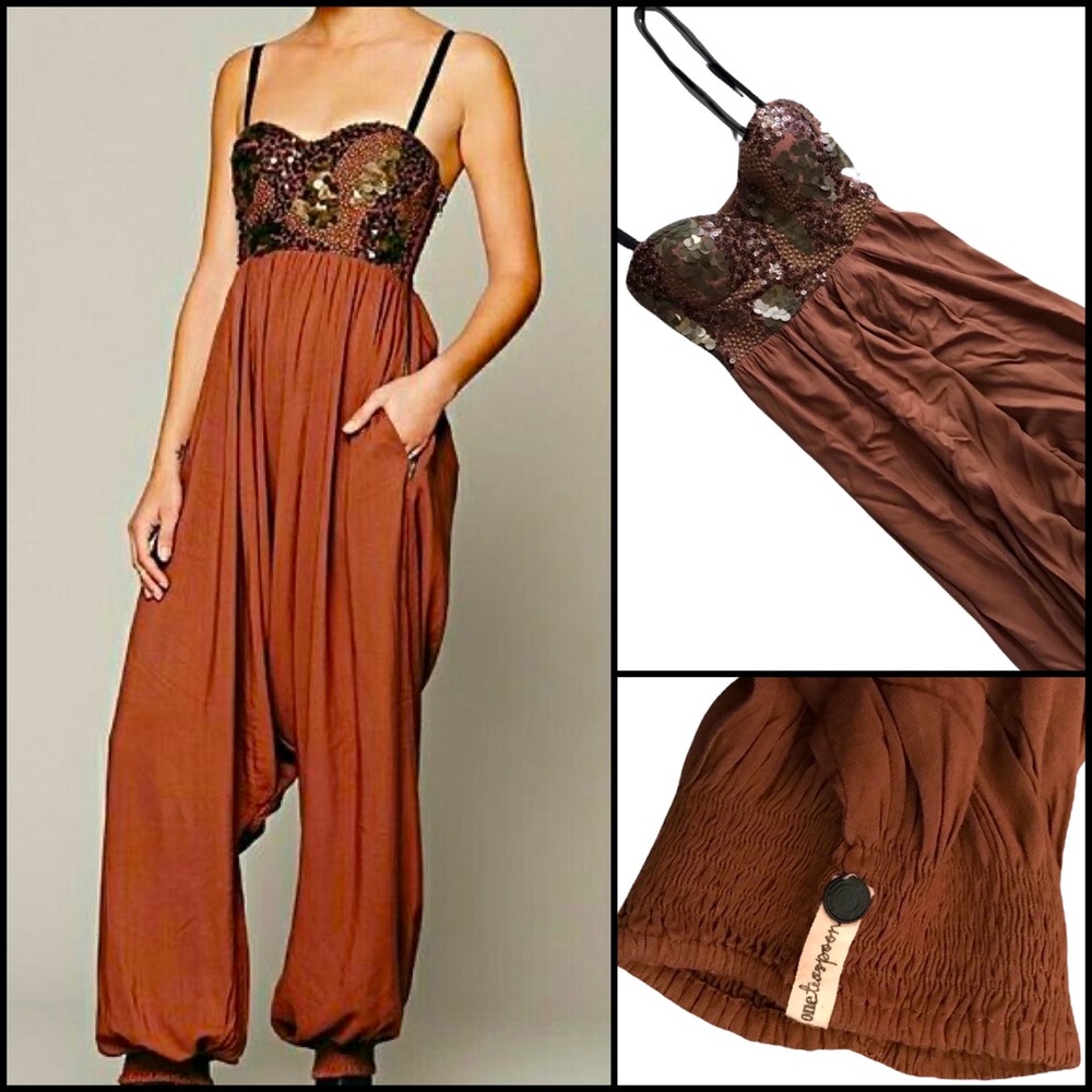 One Teaspoon Bronze Sequin Beaded Bustier Harem Balloon Pant Jumpsuit - Picture 2 of 7